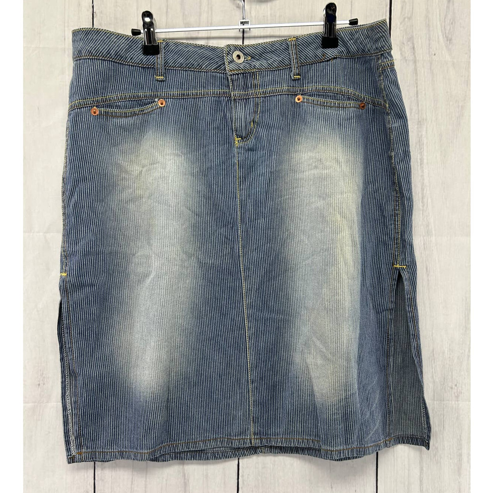 Vintage Blue Tattoo Pin Stripe Distressed Washed A Line Mini Skirt Large